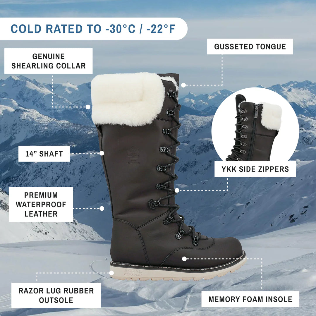 Black winter boot with features highlighted against a snowy mountain background