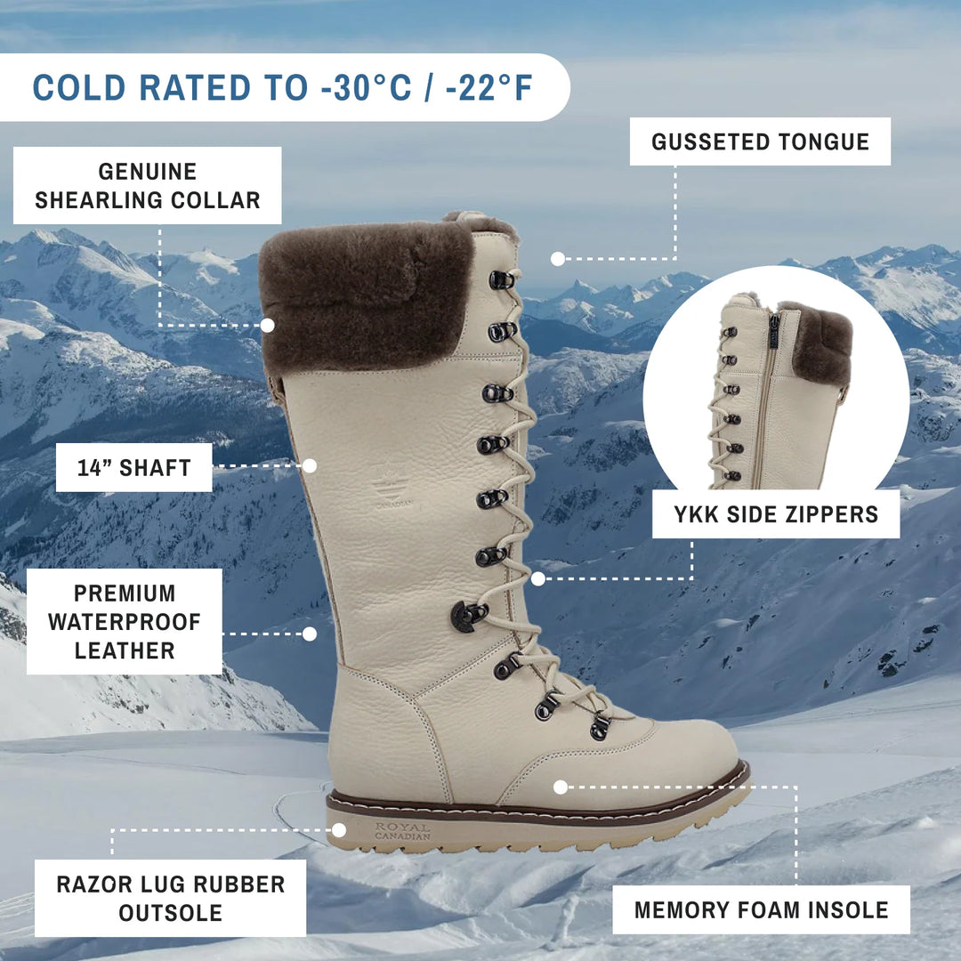 Beige winter boot with features highlighted against a snowy mountain background