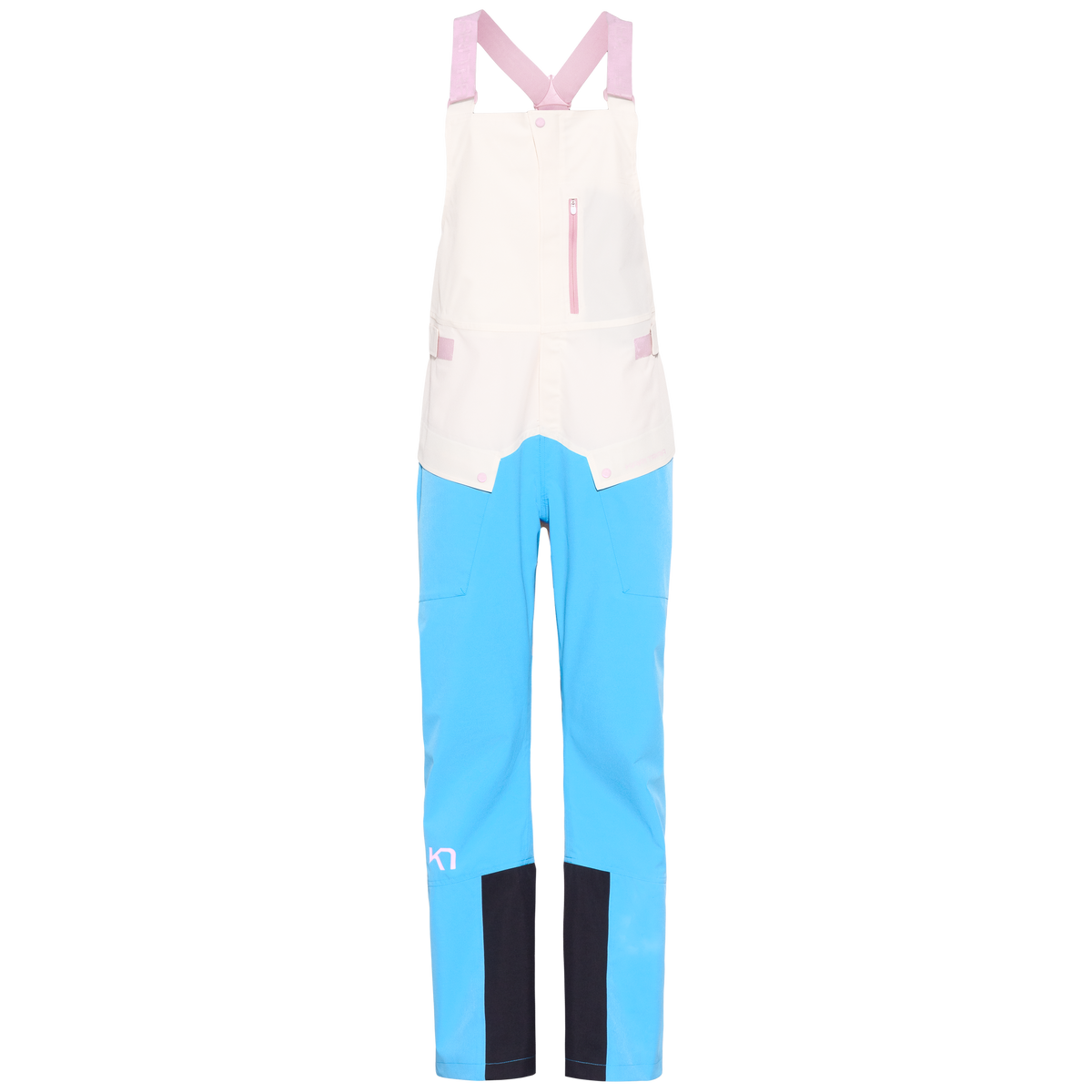 A color-blocked one-piece jumpsuit with a cream upper section, light blue lower legs, and dark navy panels at the lower calves, featuring light pink shoulder straps and zipper accents.