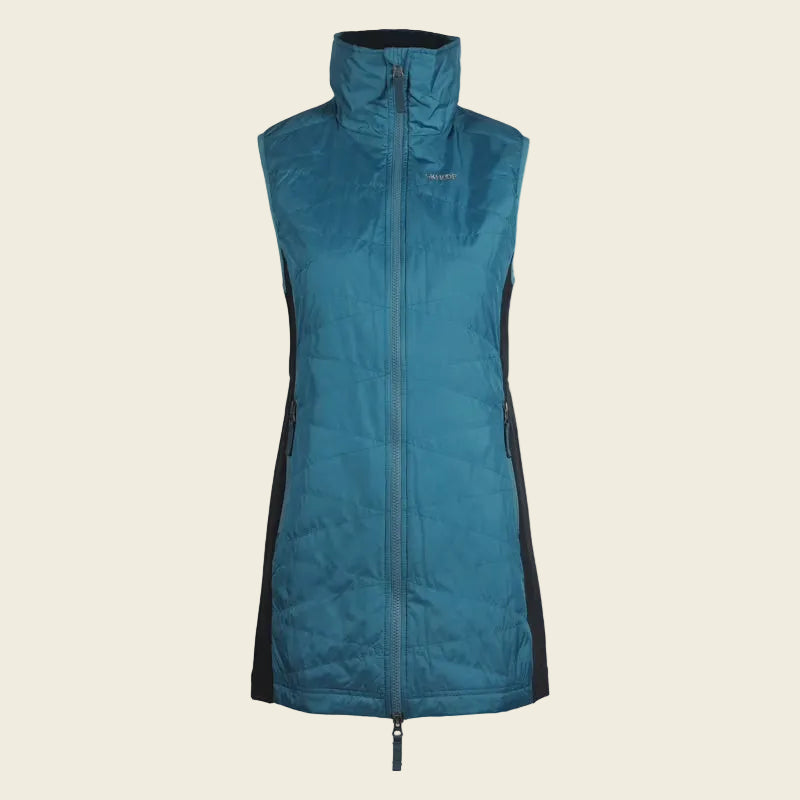 Teal sleeveless jacket with black accents on a white background