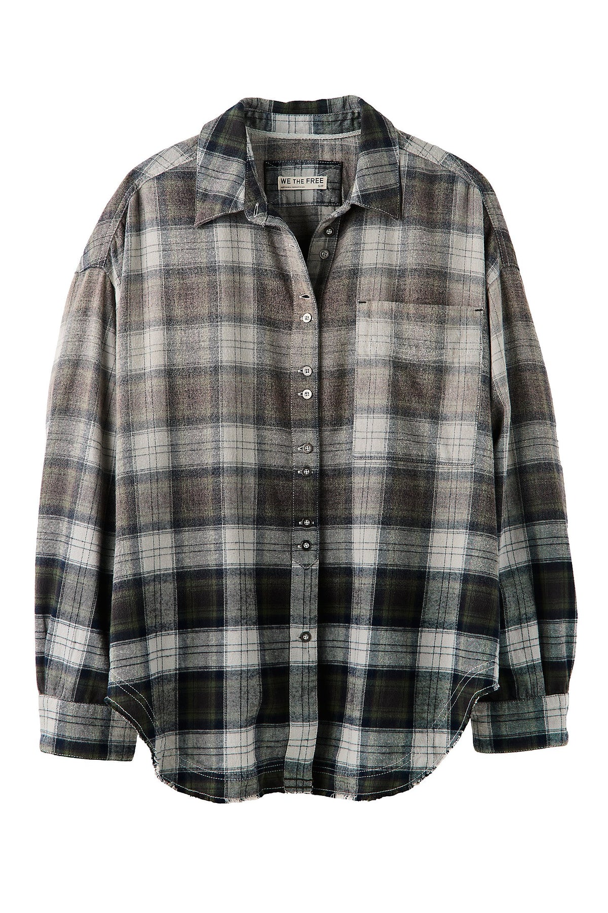 A long-sleeve button-up plaid shirt in a gray, black, and white pattern, shown flat against a plain white background.