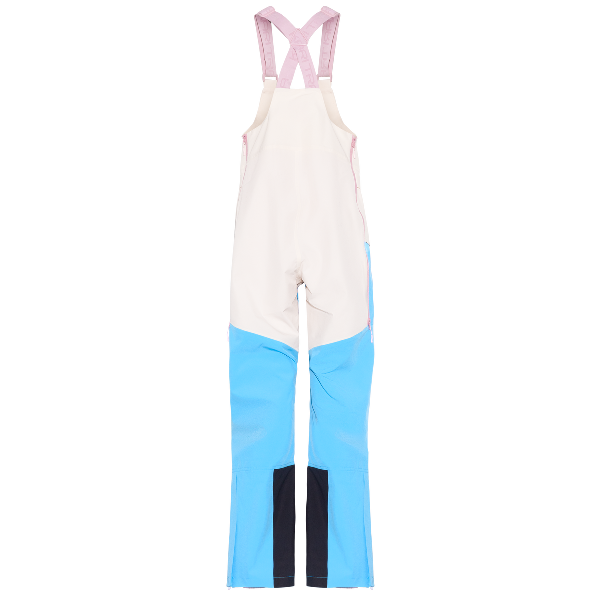 Color-blocked bib overalls with a cream upper body, light blue lower legs, and pink adjustable shoulder straps, shown flat against a white background.