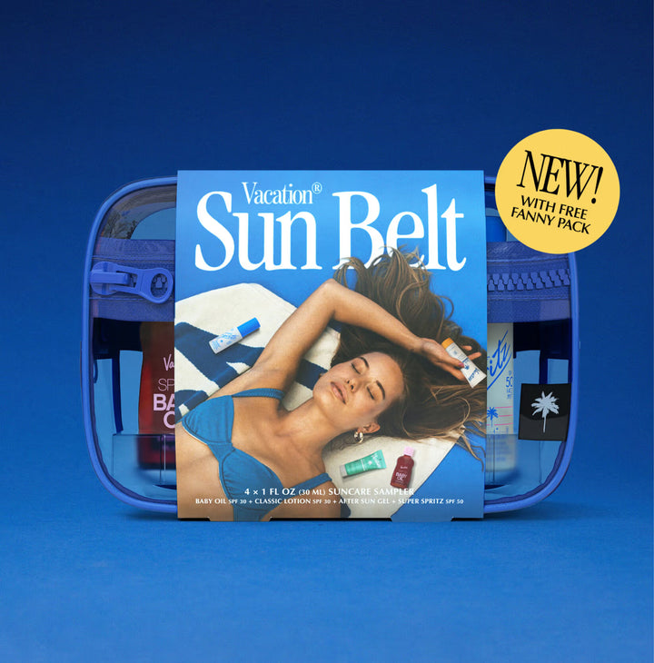 Sunscreen product packaging with a woman on the label against a blue background