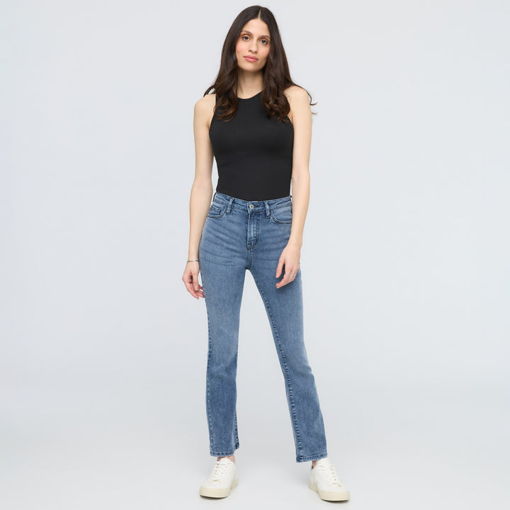 Duer Women's No Sweat Denim High Rise Kick Flare | Textured Indigo