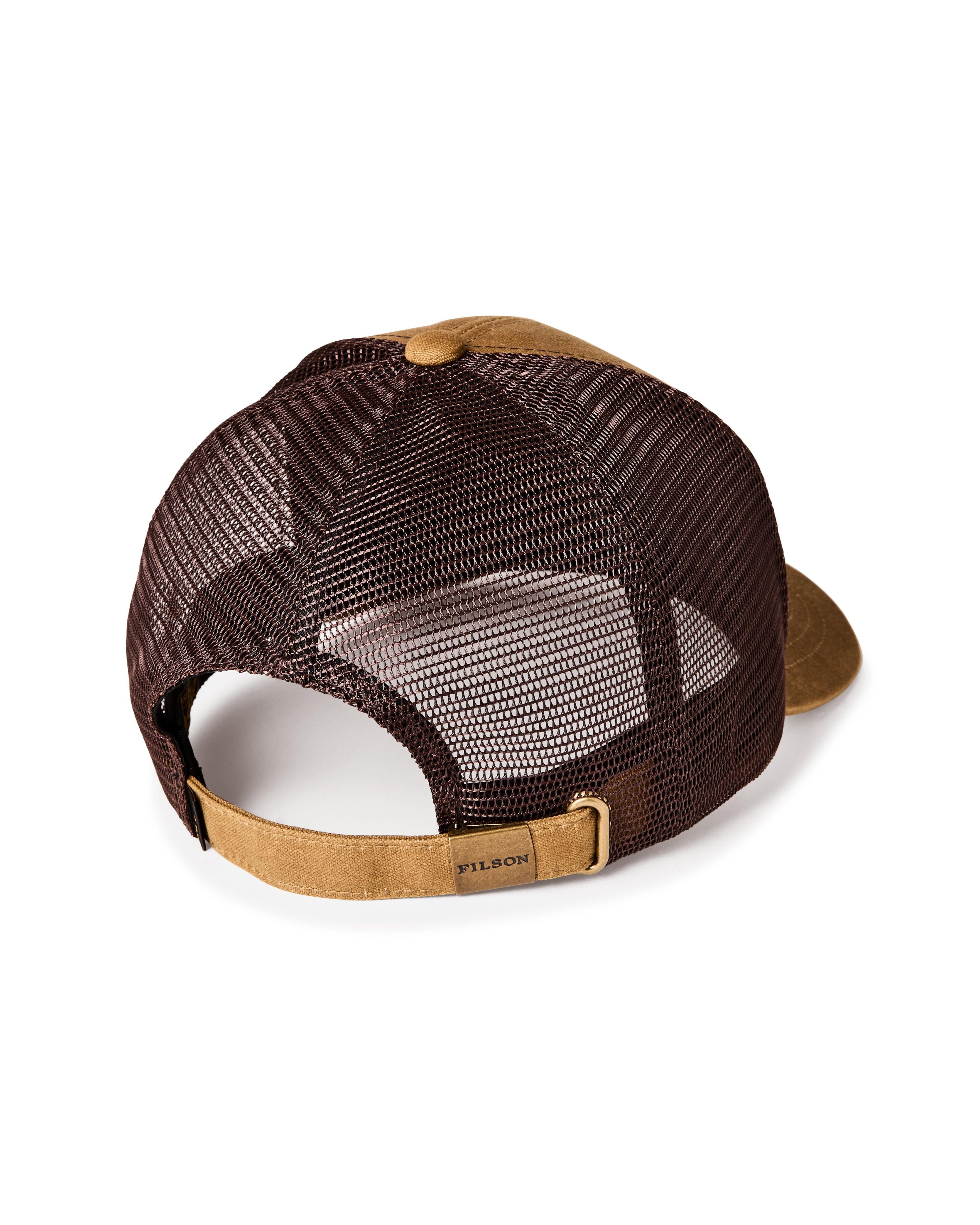 Brown mesh cap with tan brim and back on a white background