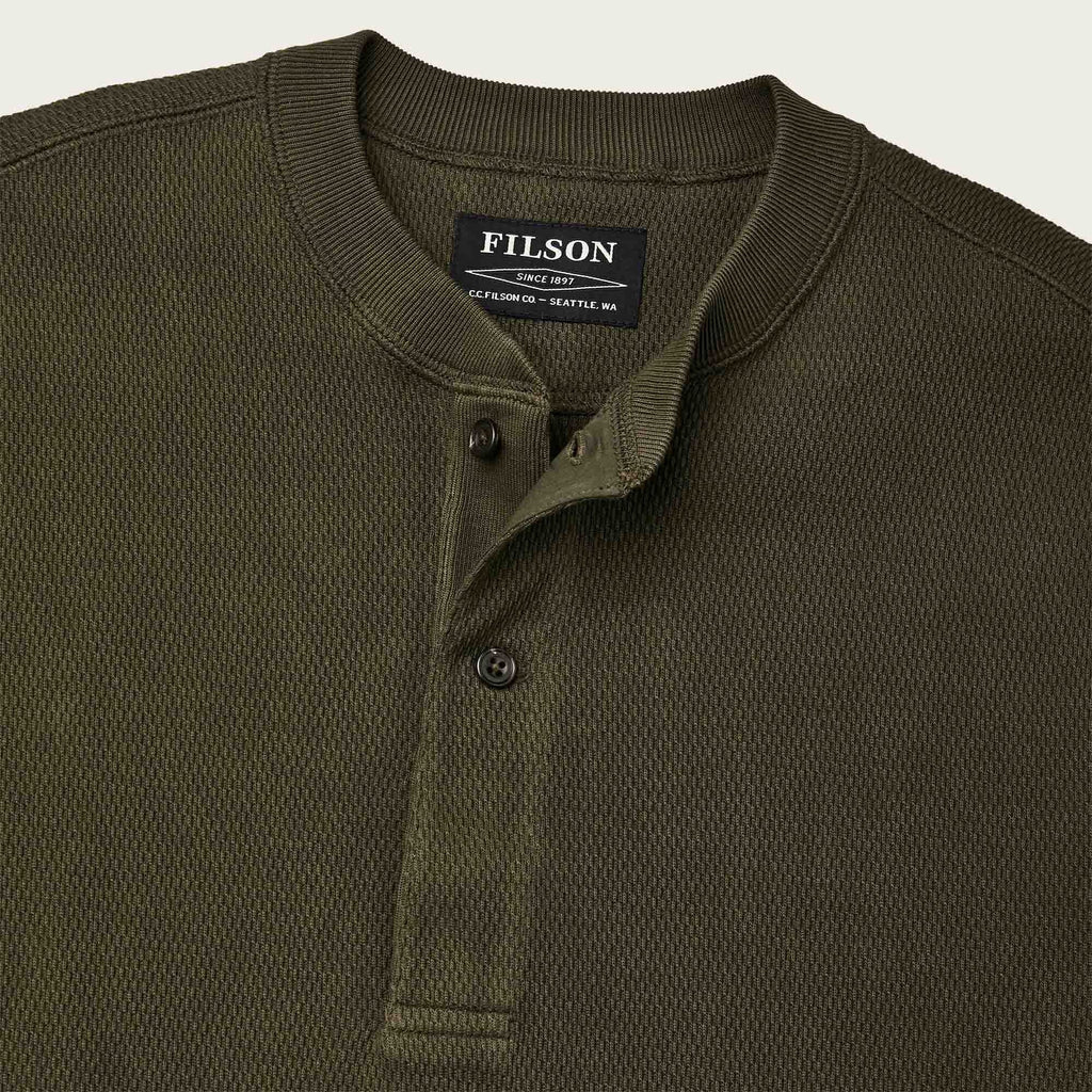 Filson Waffle Knit Henley in Mossy Rock, detail view