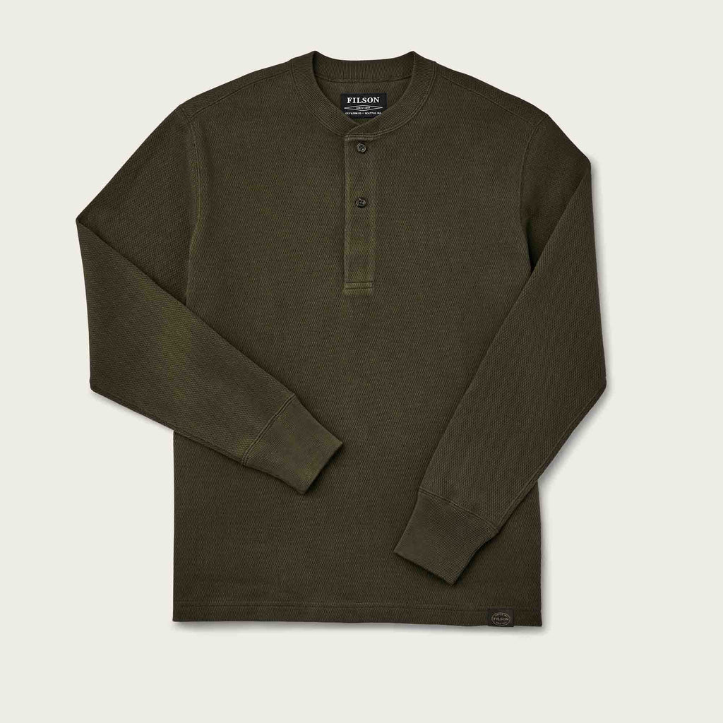 Filson Waffle Knit Henley in Mossy Rock, front view