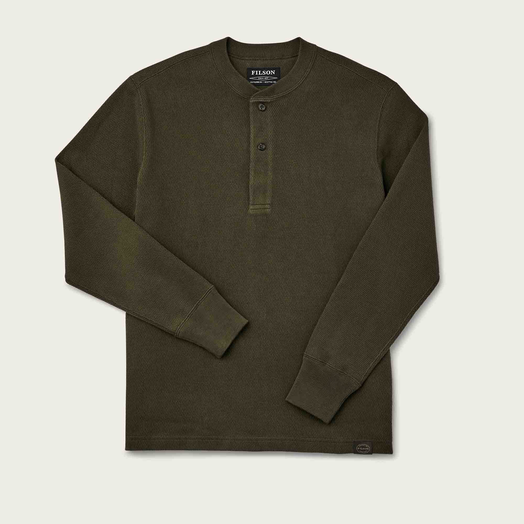 Filson Waffle Knit Henley in Mossy Rock, front view