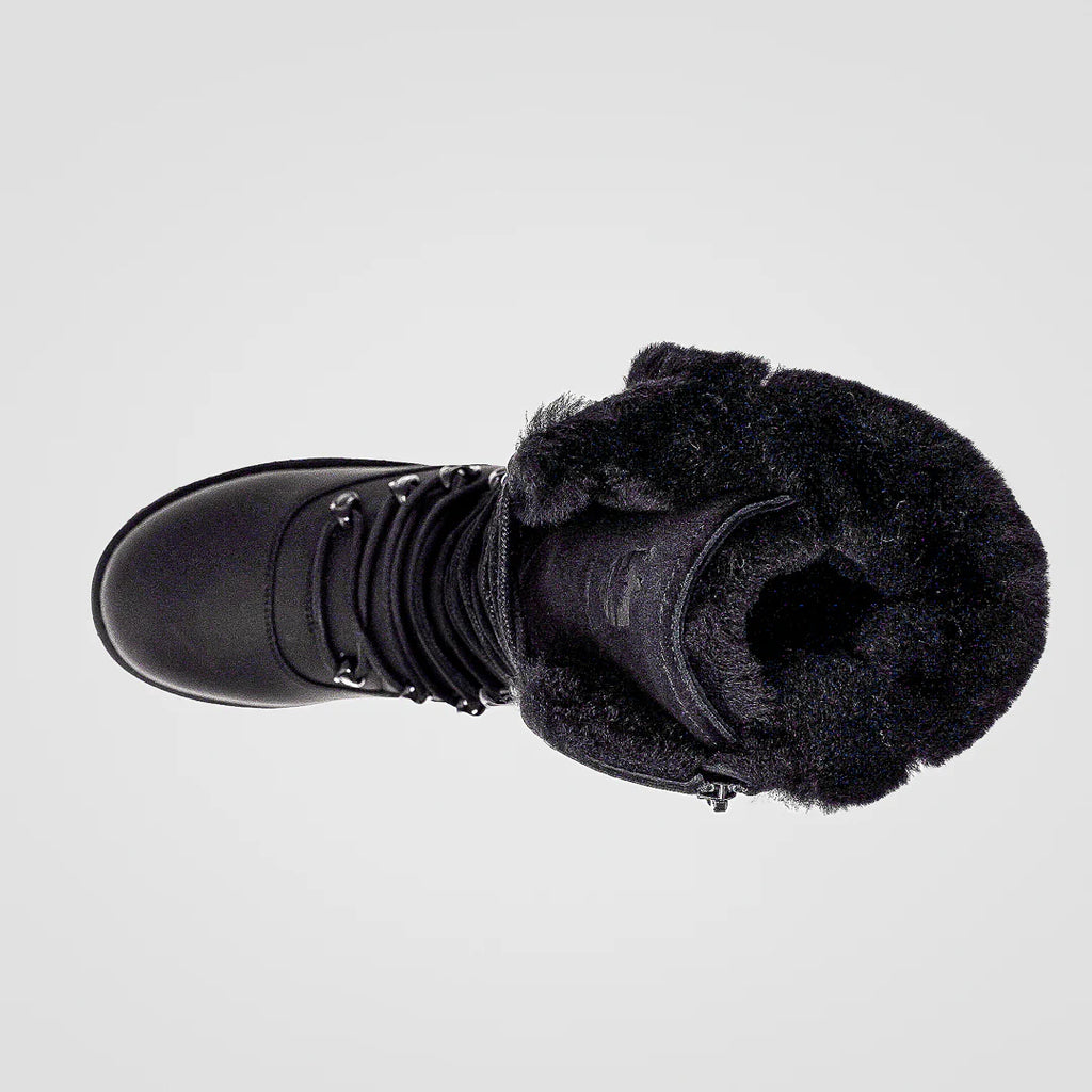 Black winter boot with fur lining on a light gray background