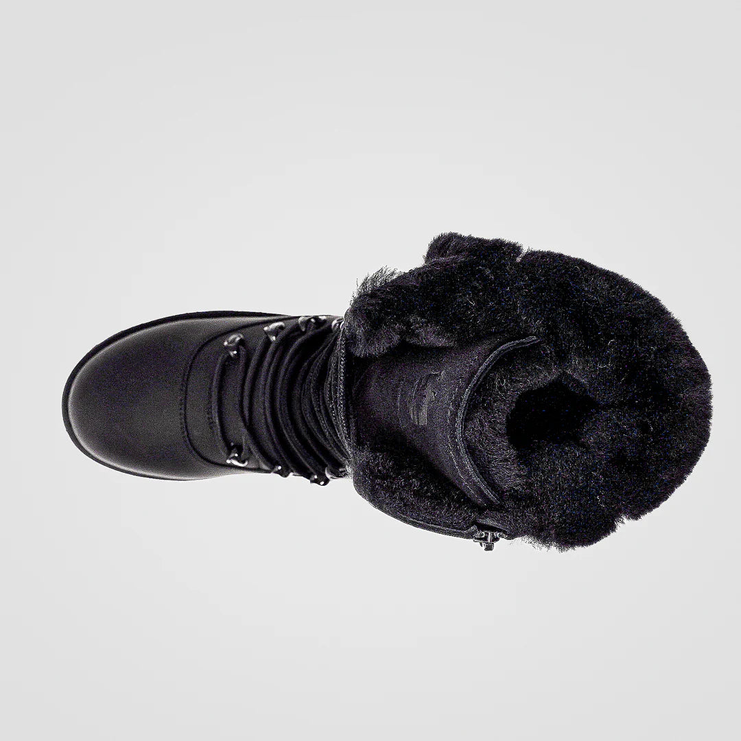 Black winter boot with fur lining on a light gray background