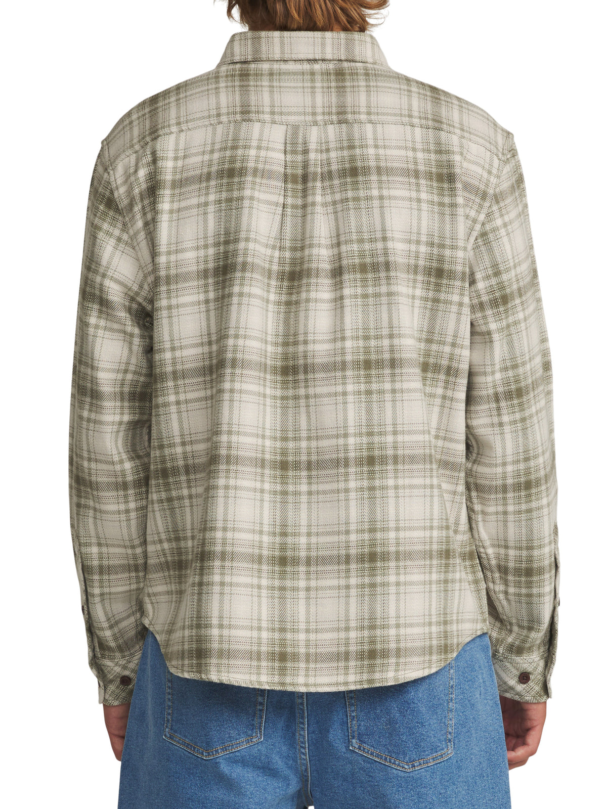 A person viewed from the back wearing a long-sleeve plaid button-up shirt in beige and olive green, paired with blue jeans, against a plain white background.
