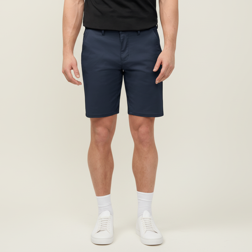 Person wearing navy shorts on a transparent background