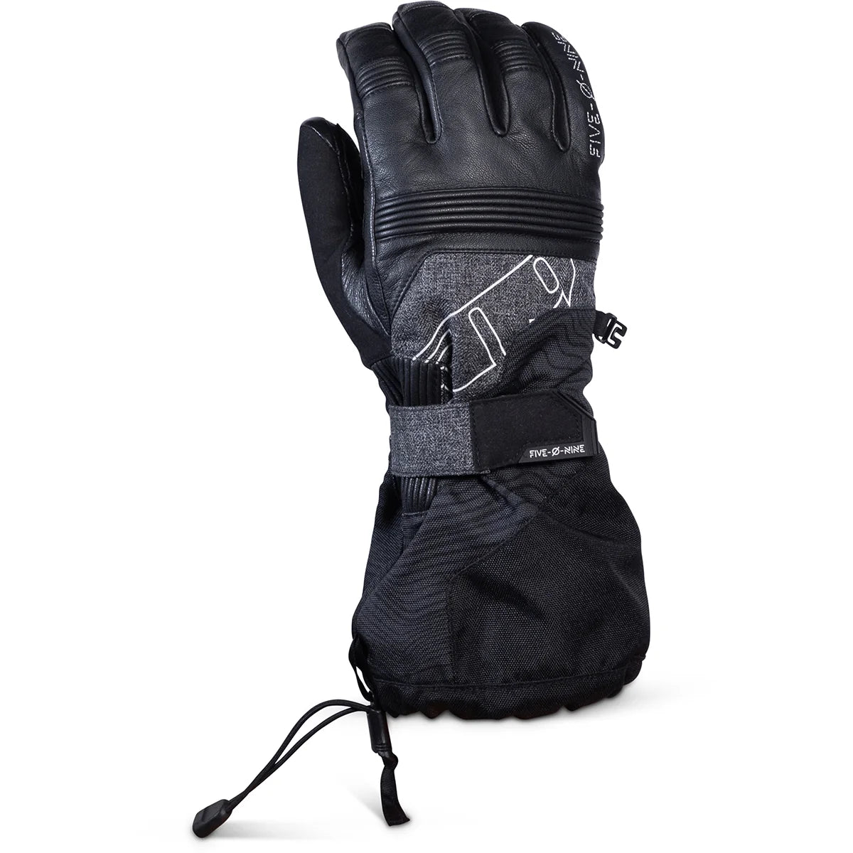 Black glove with text on a white background