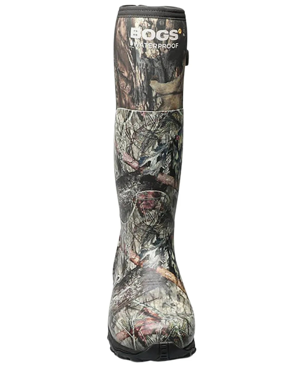 Camouflage-patterned boot with Bogs branding on a white background