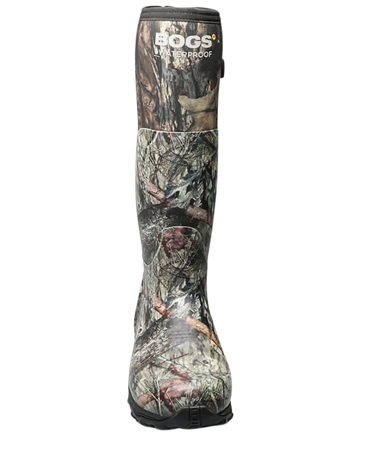 Camouflage-patterned boot with Bogs branding on a white background