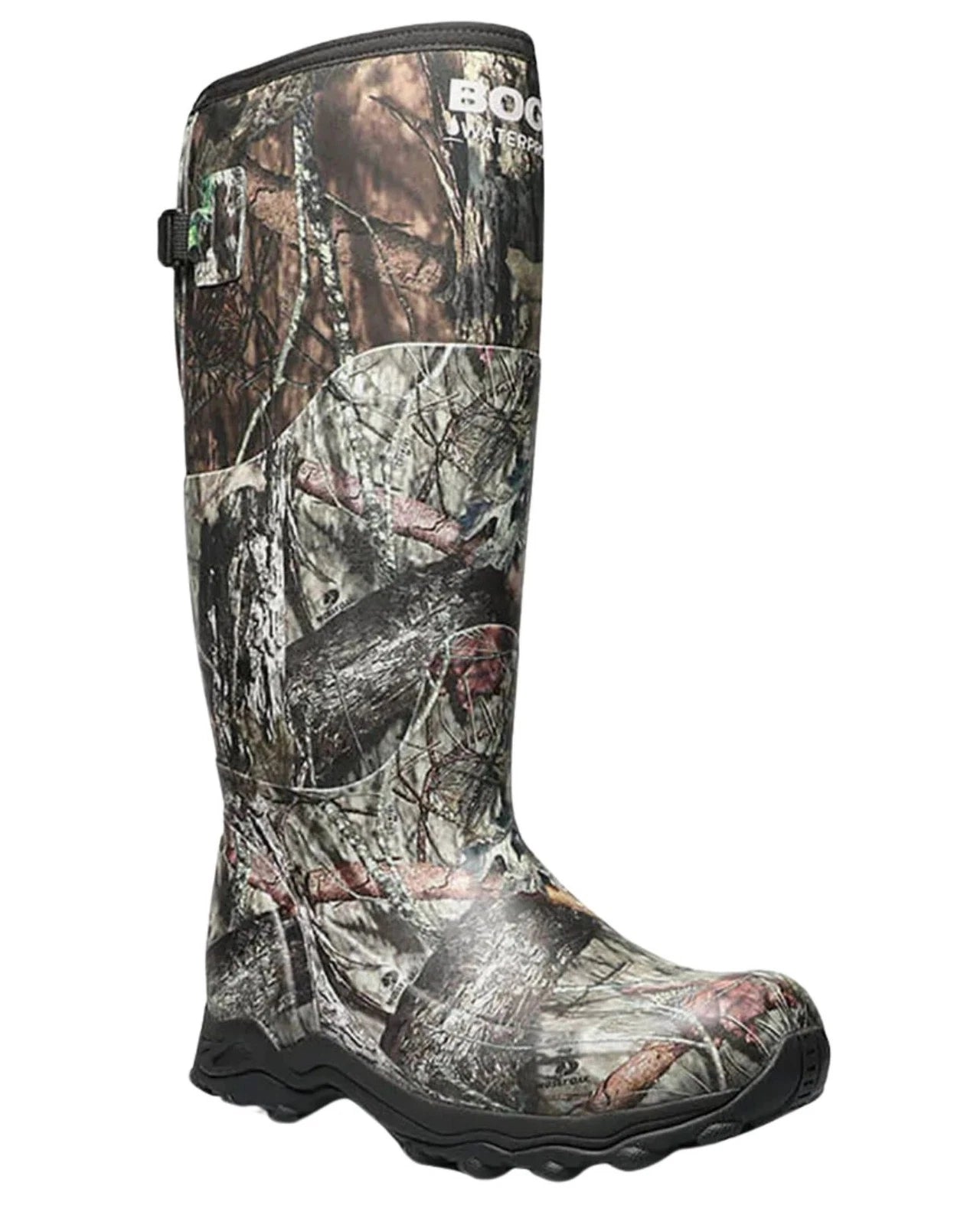 Camouflage hunting boot with brand logo on a white background
