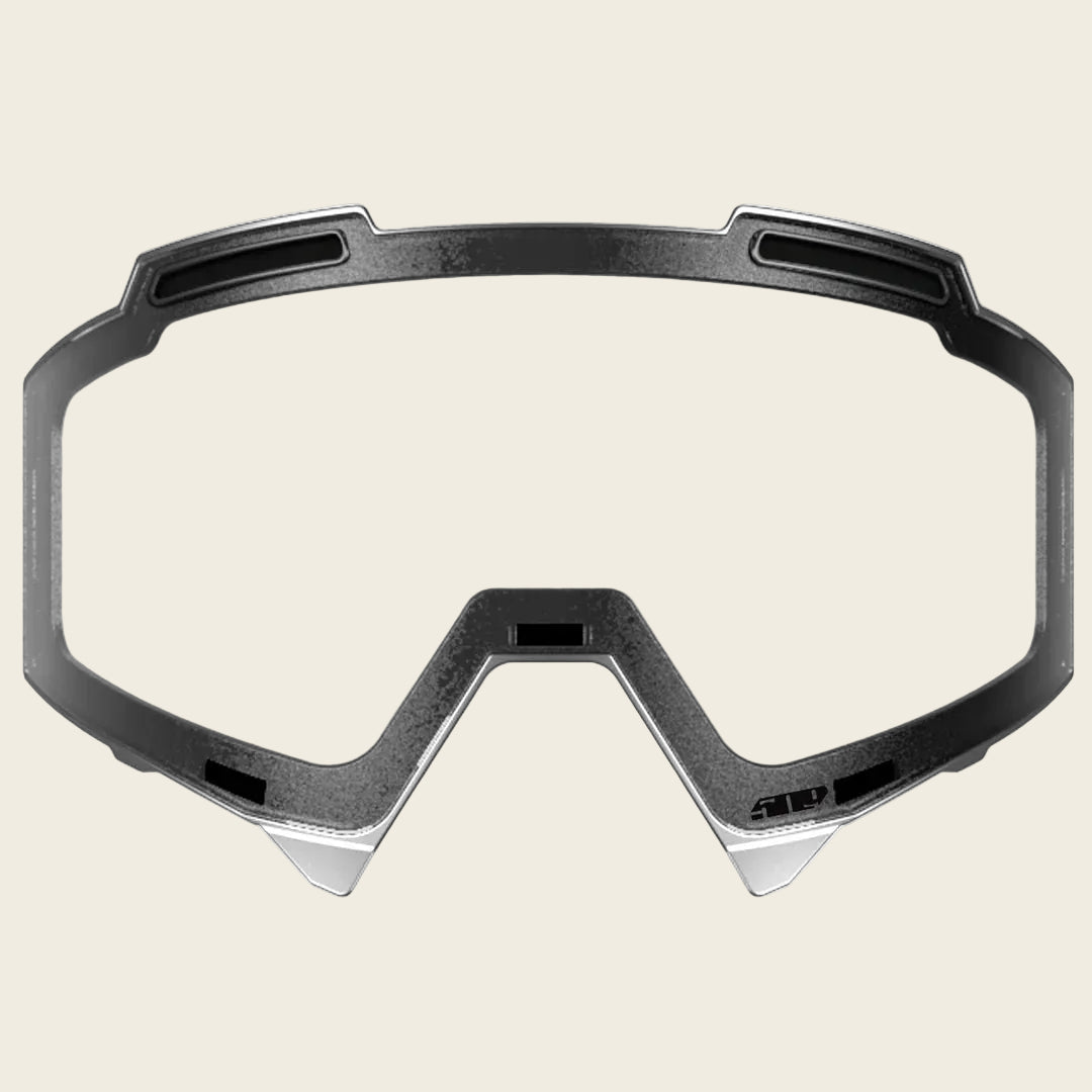 Black goggles with clear lens on a white background