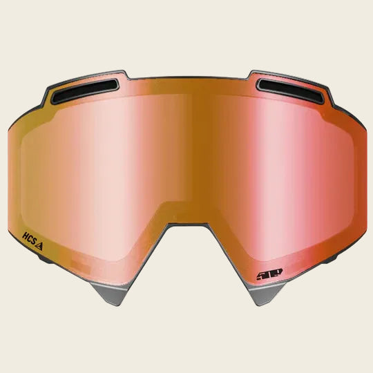 Orange goggles with a reflective lens on a white background