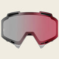 Red and gray goggles with a reflective lens on a white background