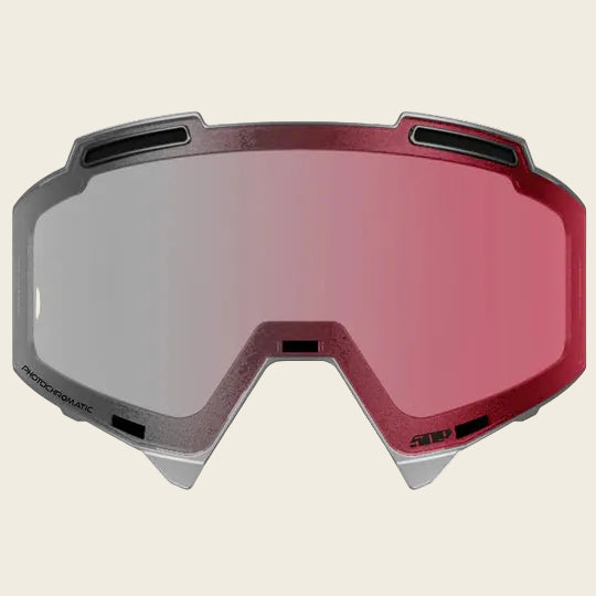 Red and gray goggles with a reflective lens on a white background