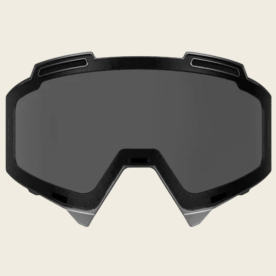 Black goggles with a dark lens on a white background