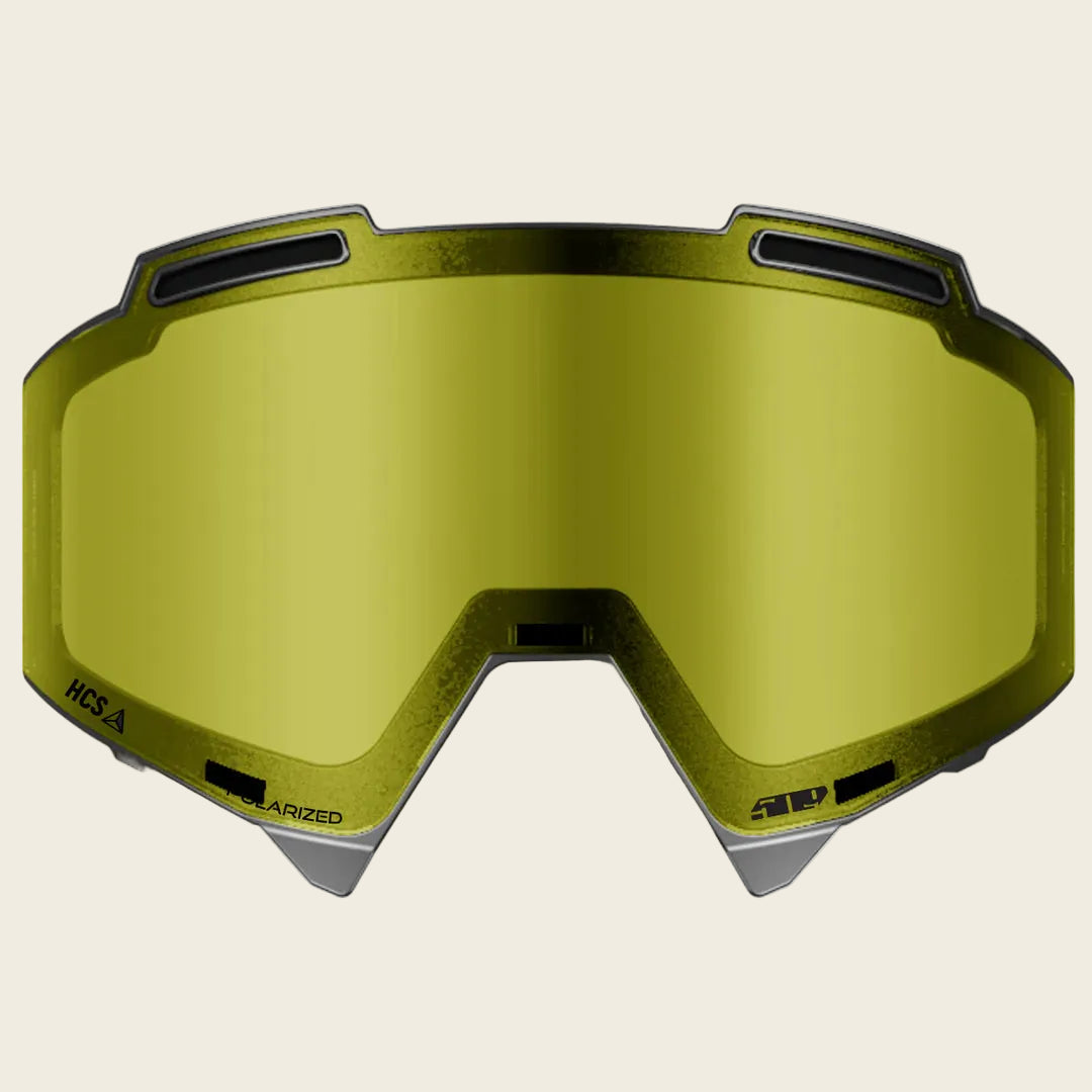 Yellow goggles with HCS and Clarized branding on a white background