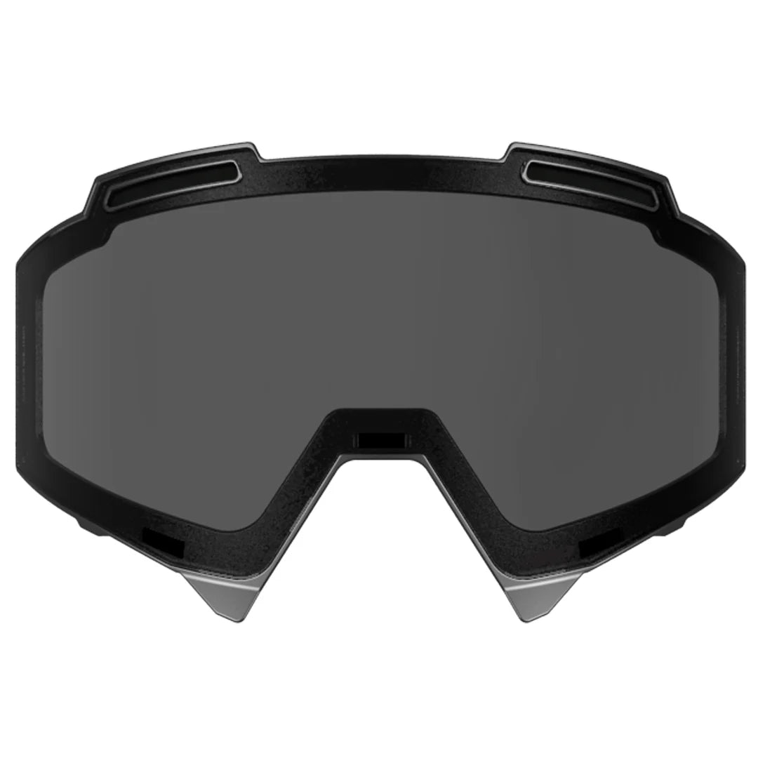 Black goggles with a dark lens on a white background