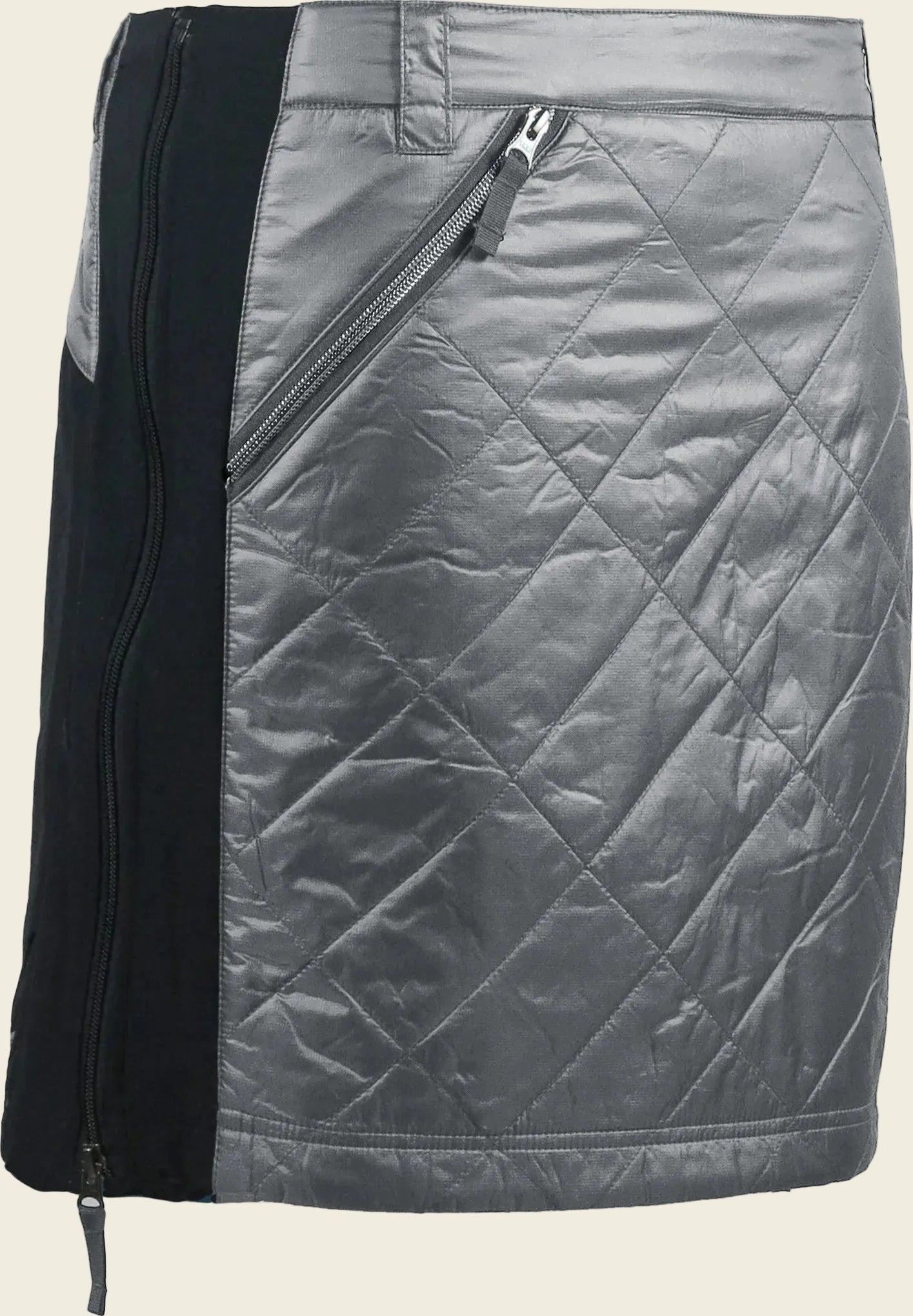 Quilted gray skirt with black zipper on a white background