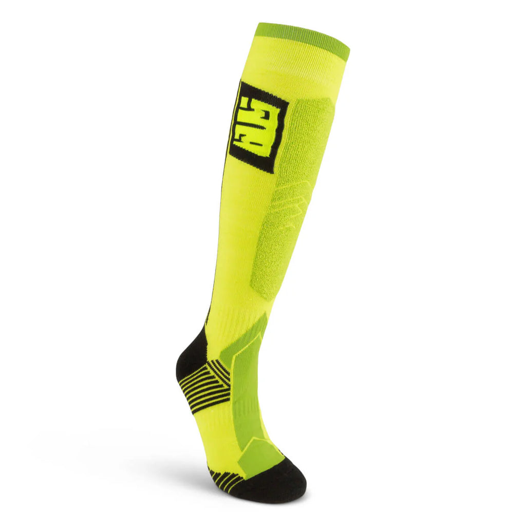 Neon green knee-high sock with black logo on a white background