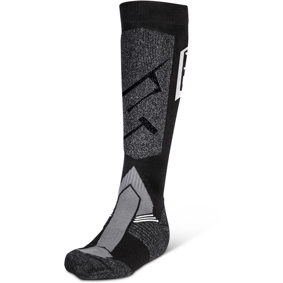 Black and gray sock with a brand logo on a white background