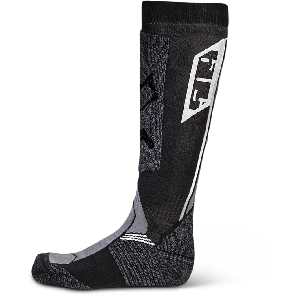 Black and gray compression sock with a brand logo on a white background