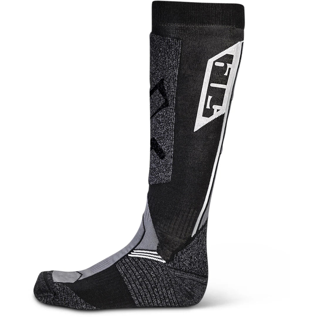 Black and gray compression sock with a brand logo on a white background