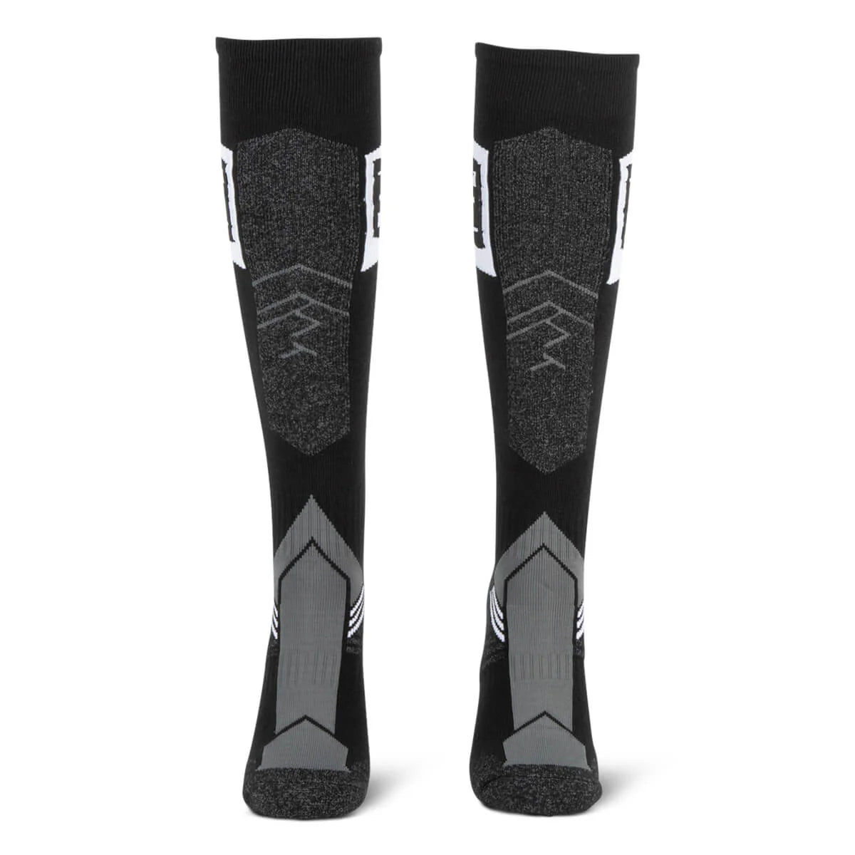 Black and gray compression socks with geometric patterns on a white background