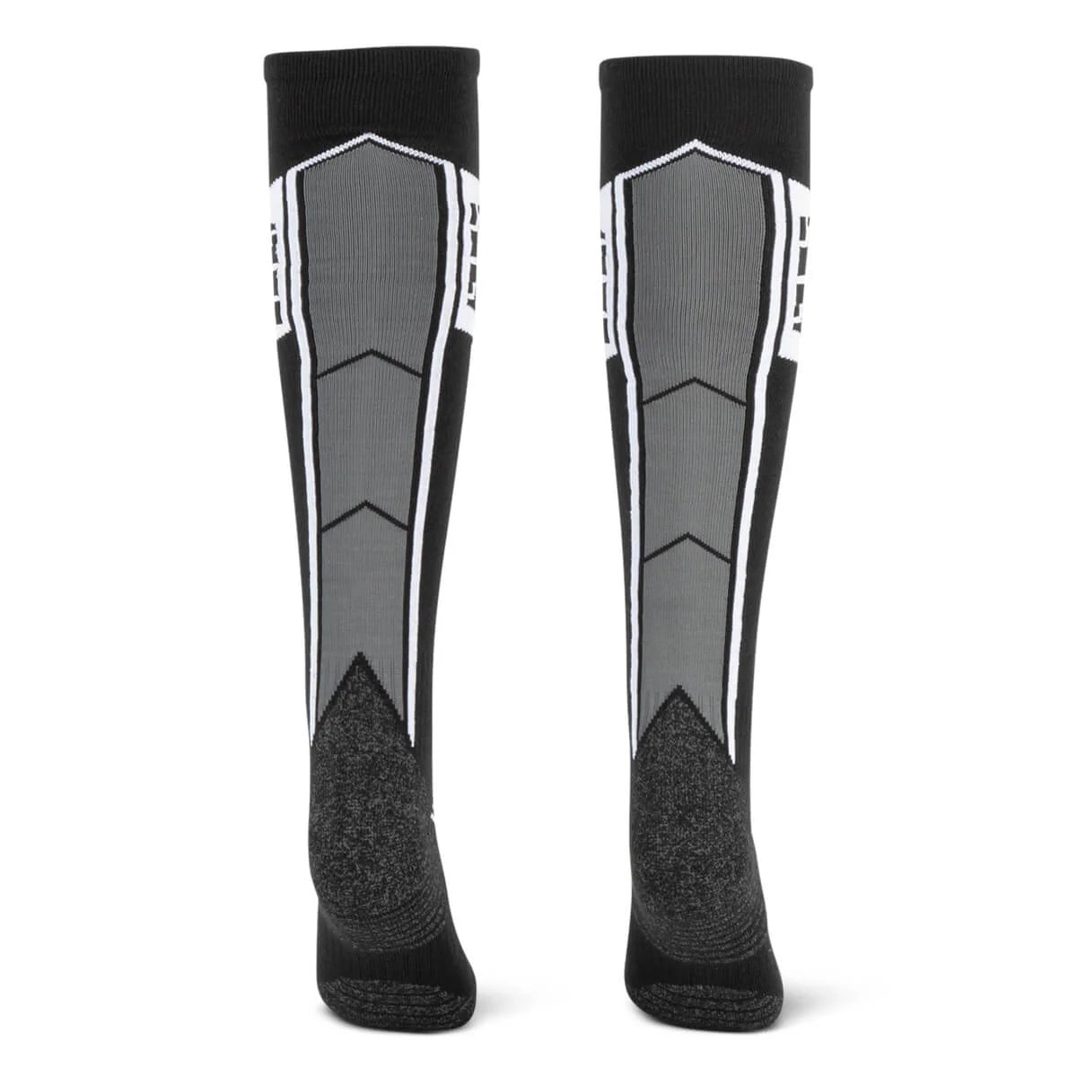 Pair of black and gray compression socks on a white background