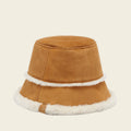 Brown bucket hat with white fur trim on a white background