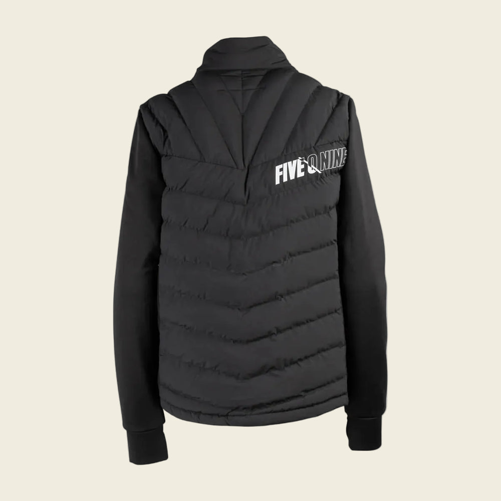 Black puffer vest with 'FIVE O'Nine' branding on a white background