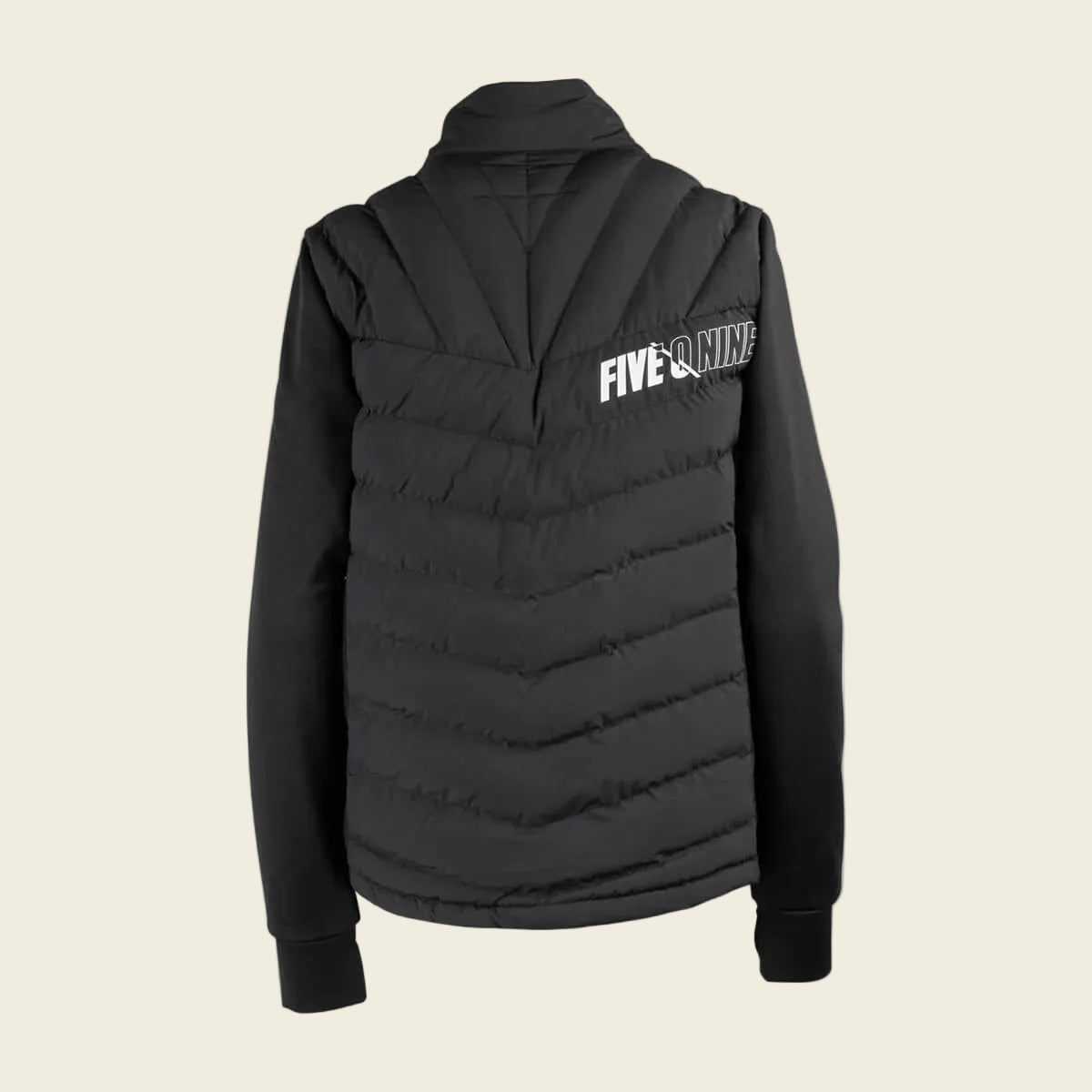 Black puffer vest with 'FIVE O'Nine' branding on a white background
