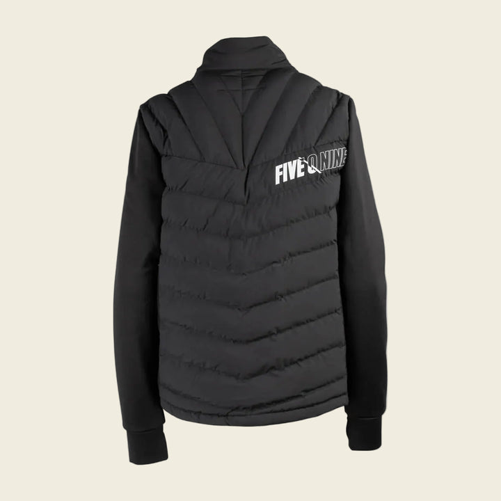 Black puffer vest with 'FIVE O'Nine' branding on a white background